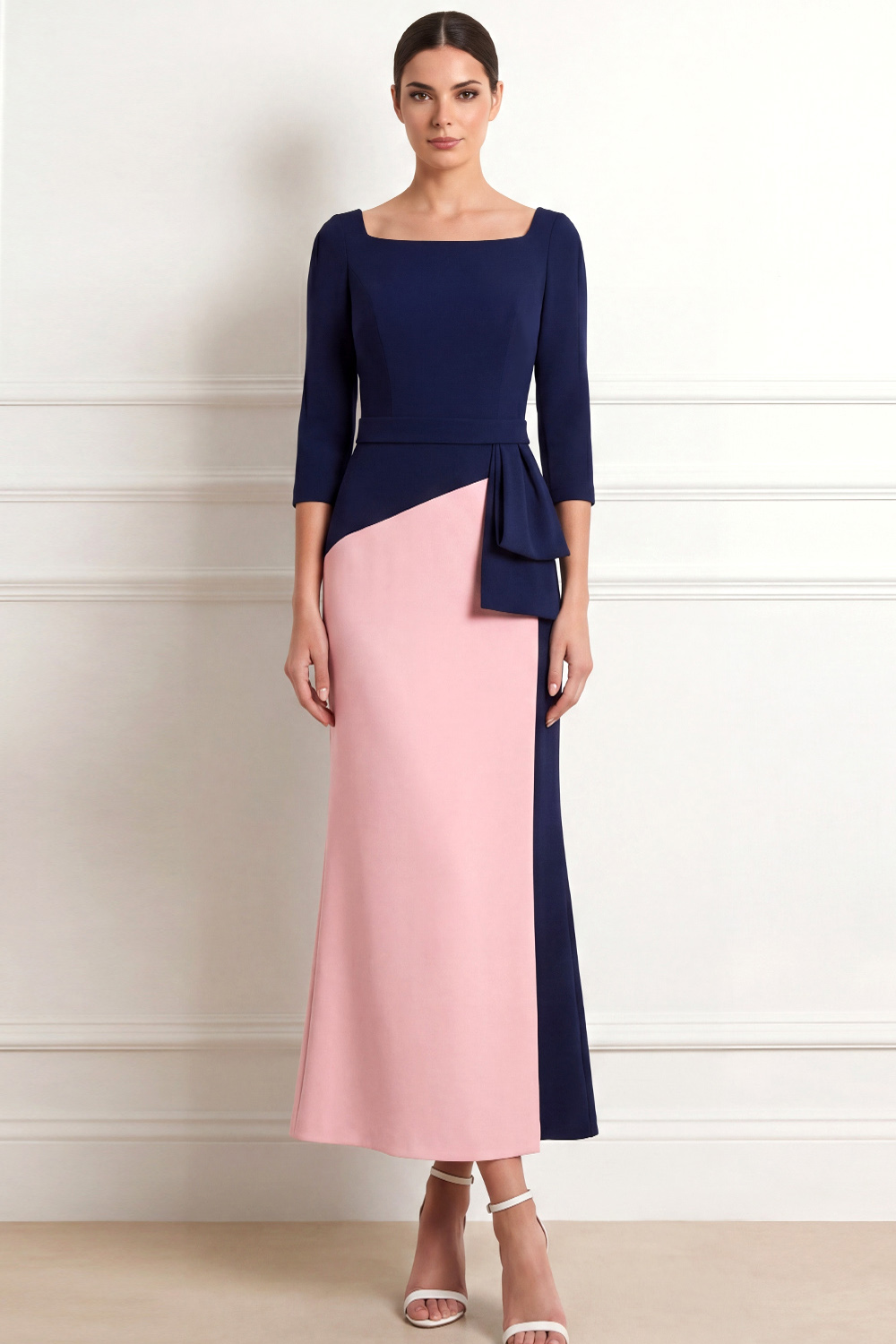 Navy and Pink Formal Dress Sheath Square Neck Maxi Dress with Bow