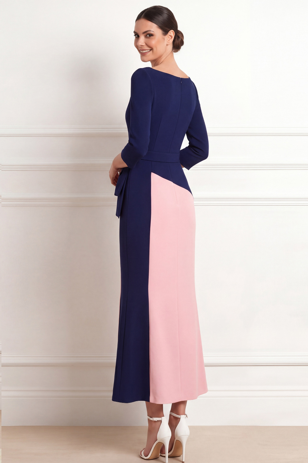 Navy and Pink Formal Dress Sheath Square Neck Maxi Dress with Bow