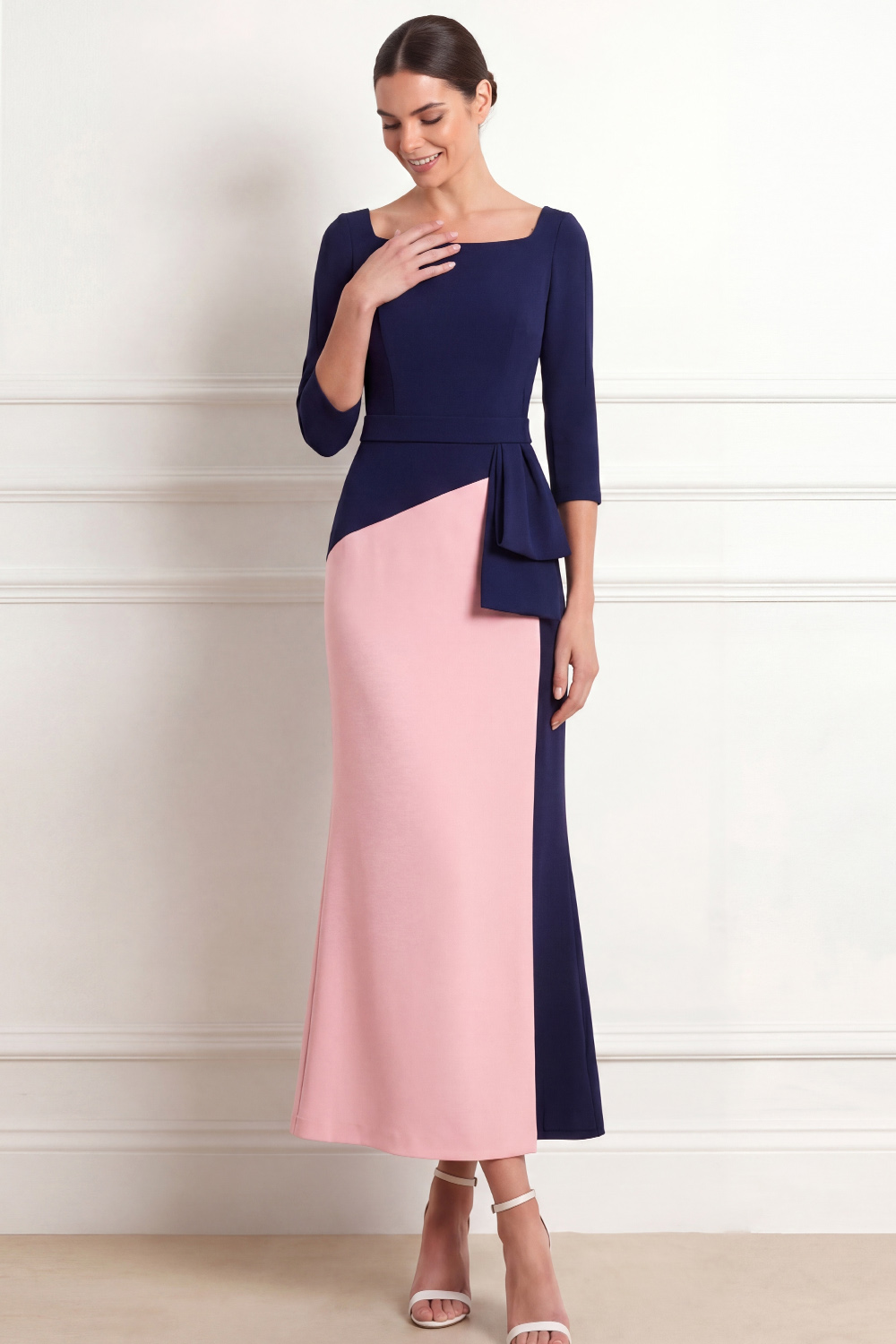 Navy and Pink Formal Dress Sheath Square Neck Maxi Dress with Bow