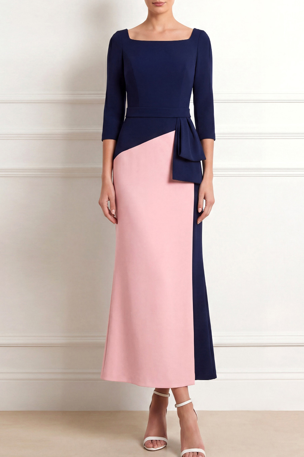 Navy and Pink Formal Dress Sheath Square Neck Maxi Dress with Bow