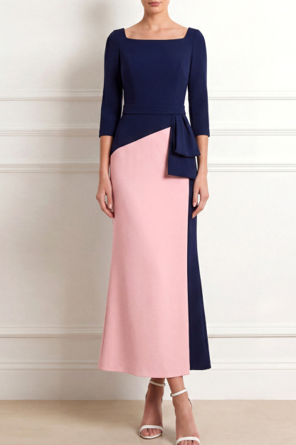 Navy and Pink Formal Dress Sheath Square Neck Maxi Dress with Bow