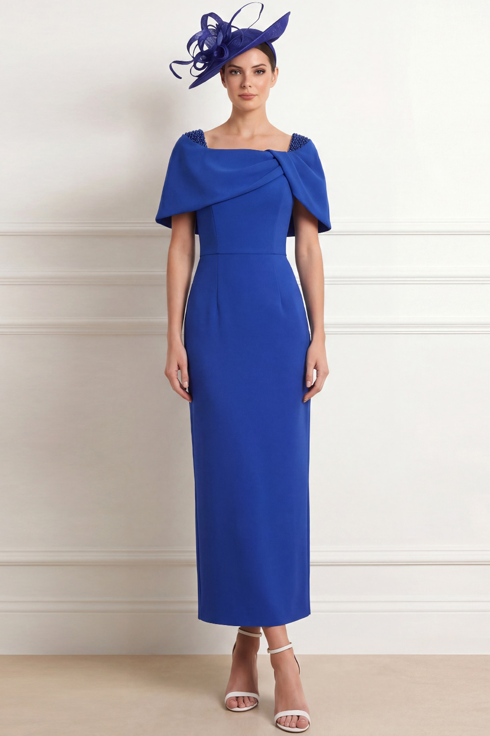 Blue Sheath Formal Dress Square Neck Maxi Dress with Cape