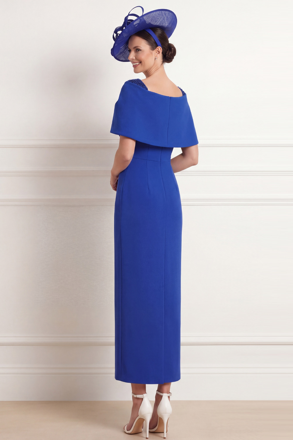Blue Sheath Formal Dress Square Neck Maxi Dress with Cape