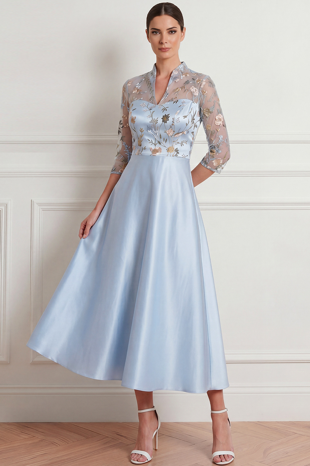 Light Blue Formal Dress A-Line Half Sleeve Floral Midi Dress 