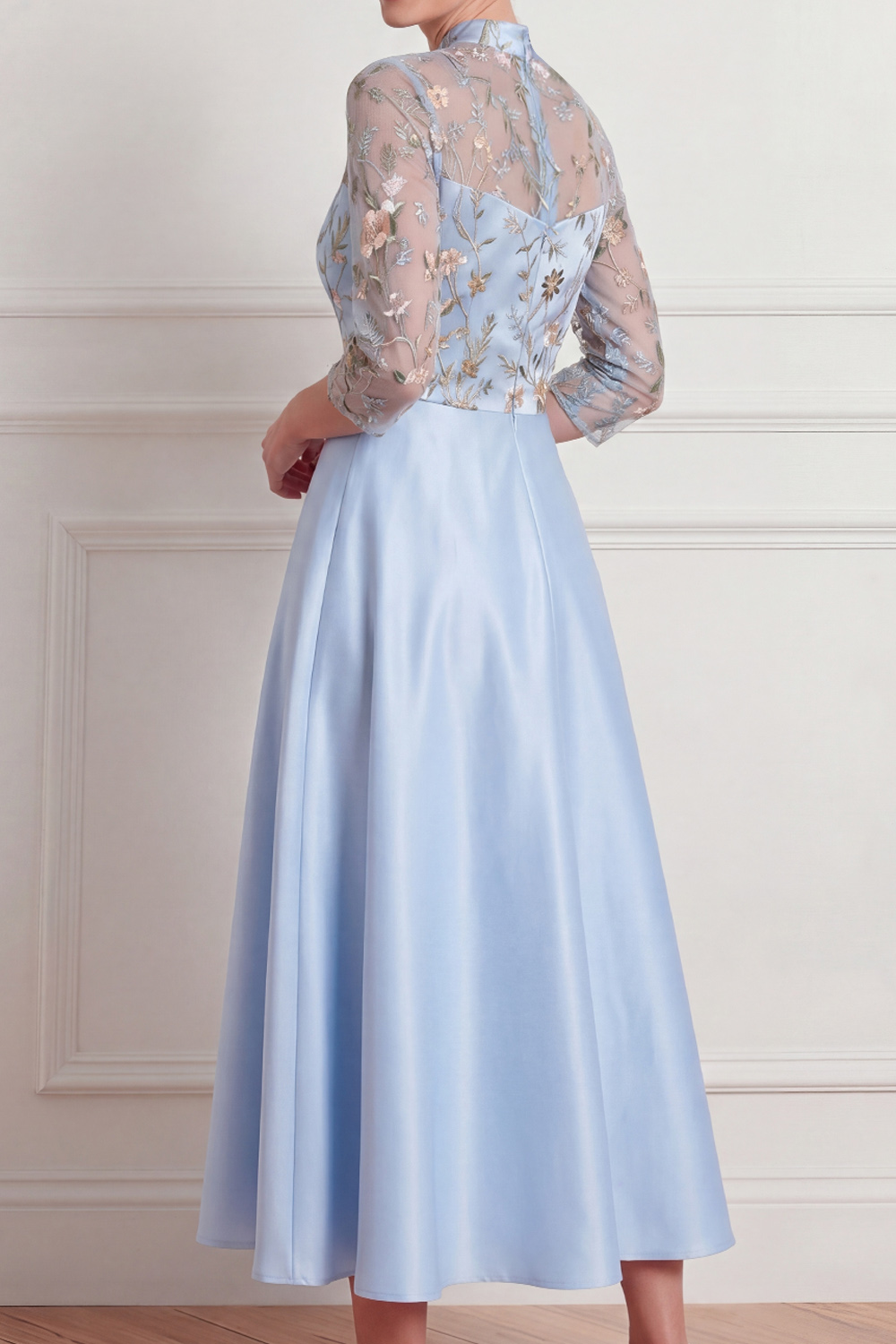 Light Blue Formal Dress A-Line Half Sleeve Floral Midi Dress 