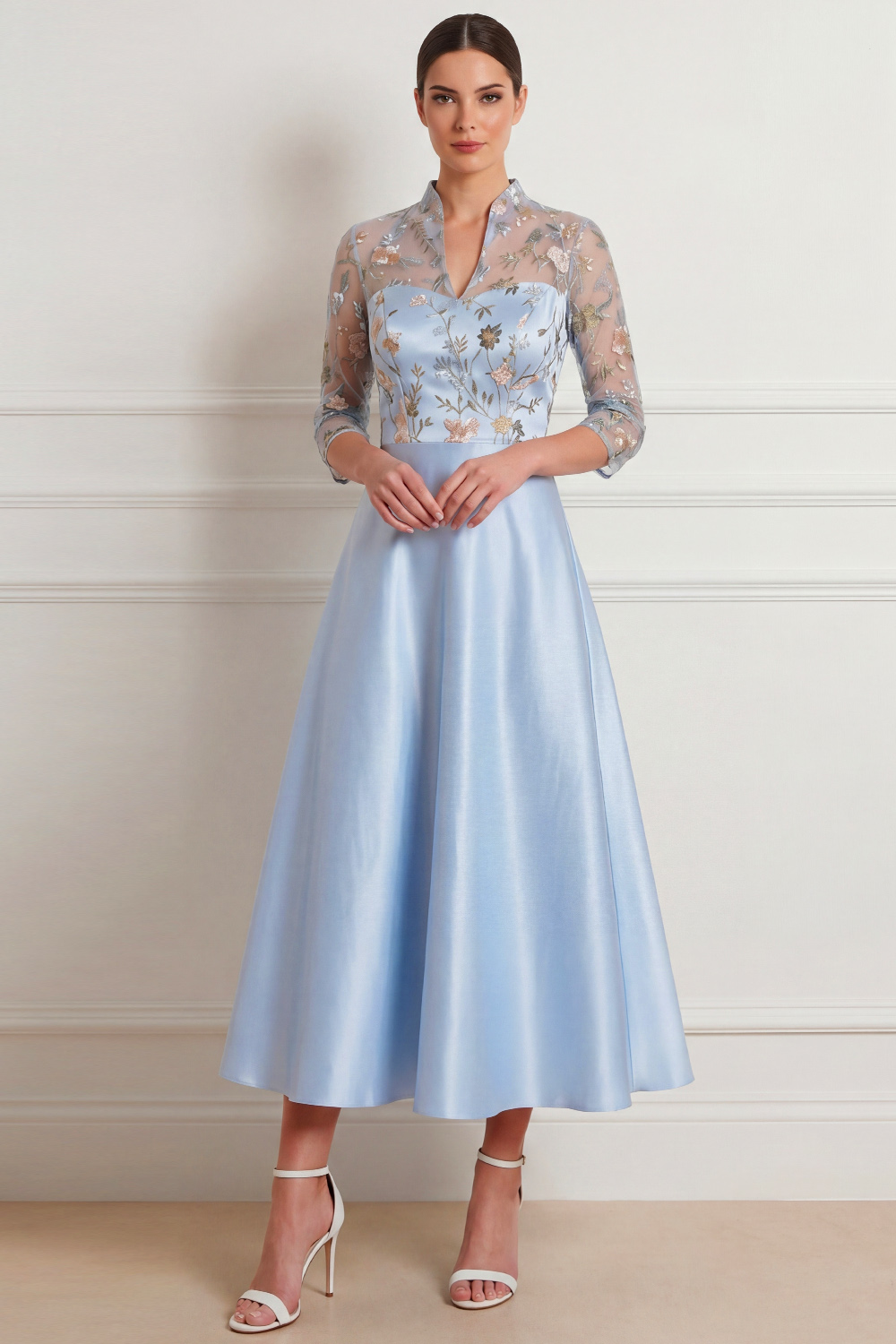 Light Blue Formal Dress A-Line Half Sleeve Floral Midi Dress 