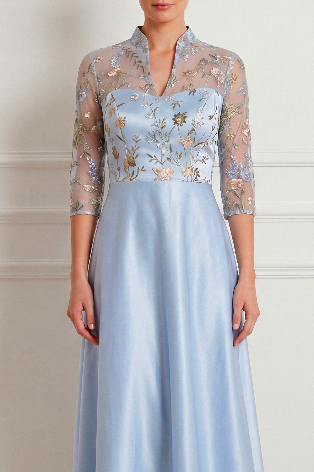 Light Blue Formal Dress A-Line Half Sleeve Floral Midi Dress 