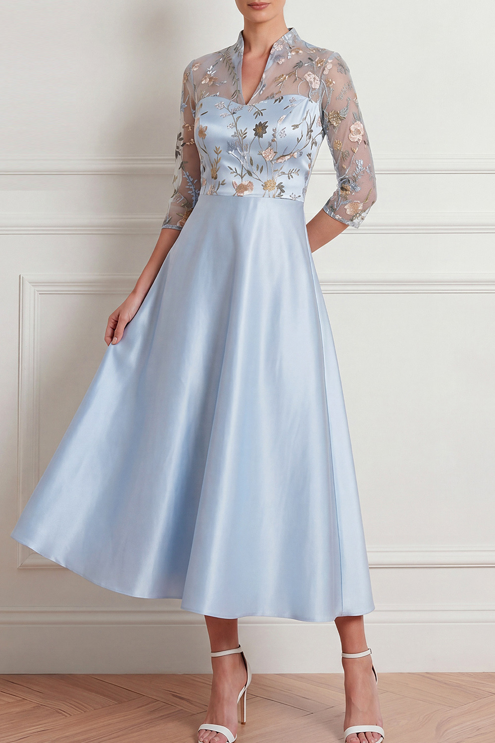 Light Blue Formal Dress A-Line Half Sleeve Floral Midi Dress 