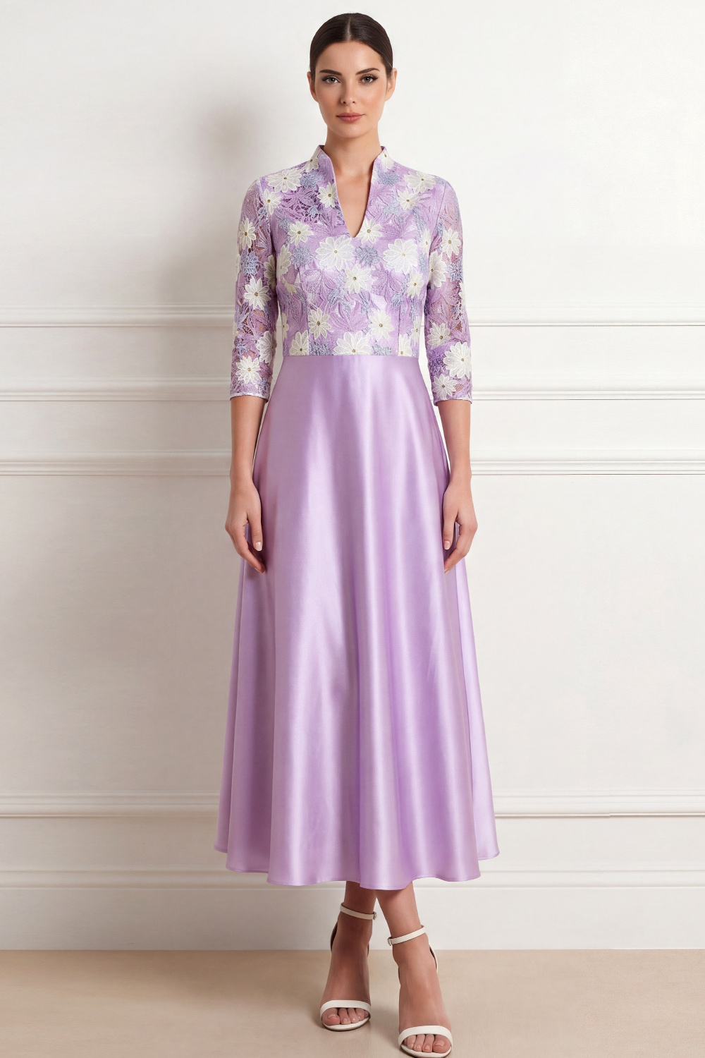 Lilac Lace Formal Dress A-Line High Neck Satin Maxi Dress 