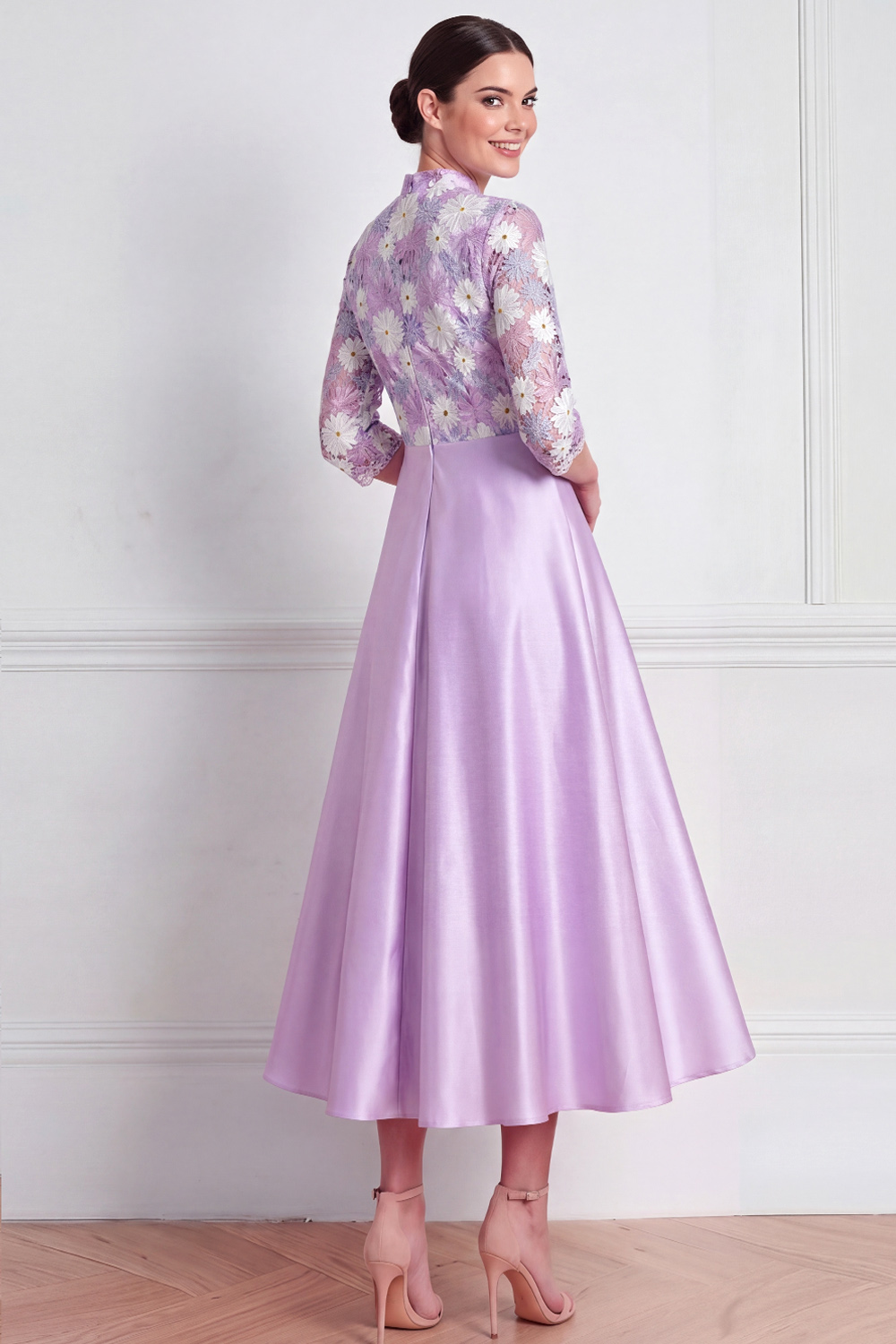 Lilac Lace Formal Dress A-Line High Neck Satin Maxi Dress 
