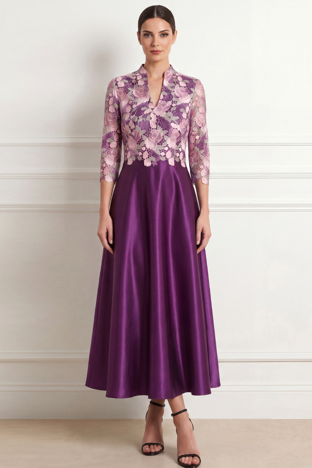 Dark Purple Lace Formal Dress A-Line High Neck Satin Maxi Dress 