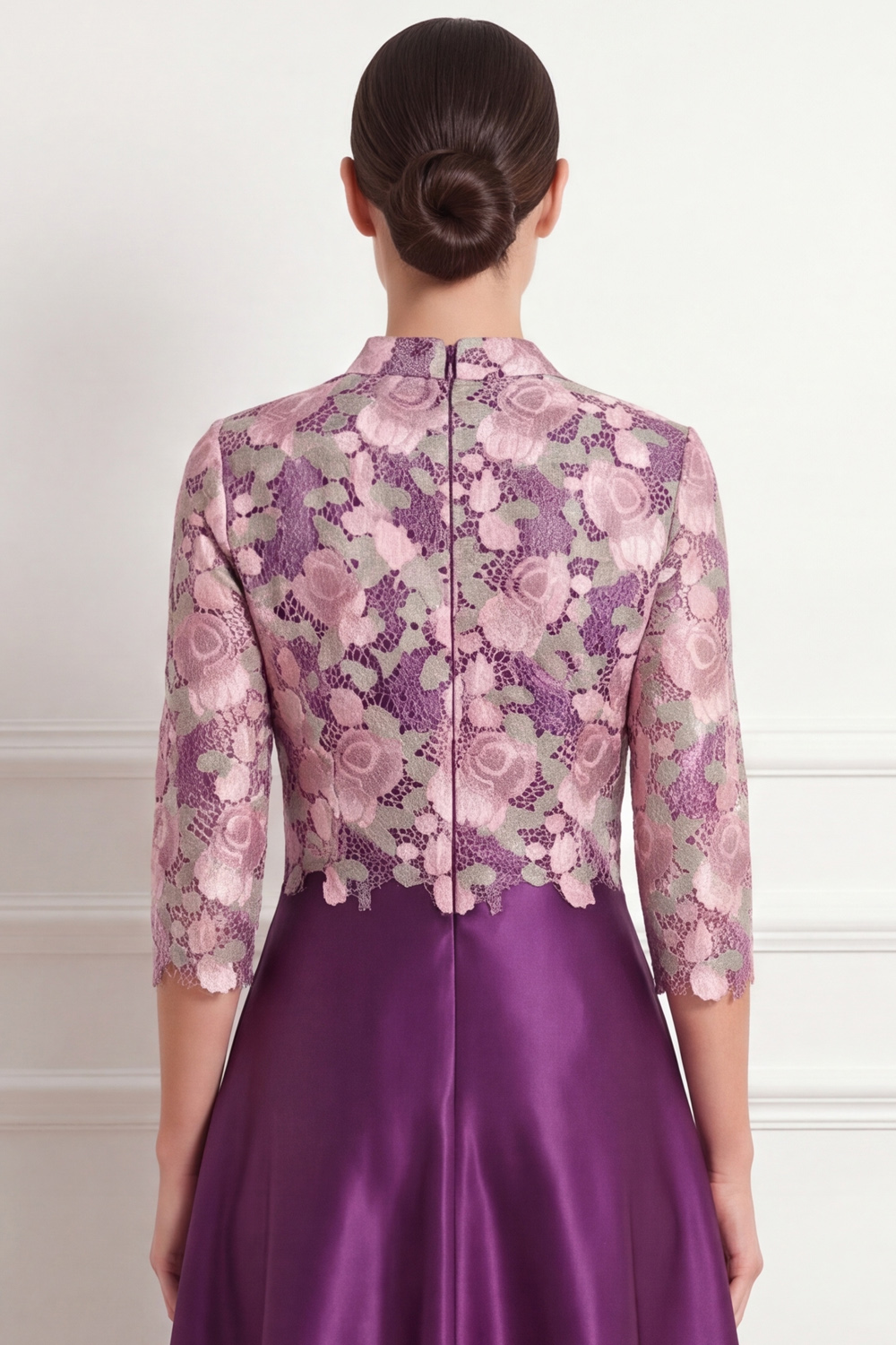 Dark Purple Lace Formal Dress A-Line High Neck Satin Maxi Dress 