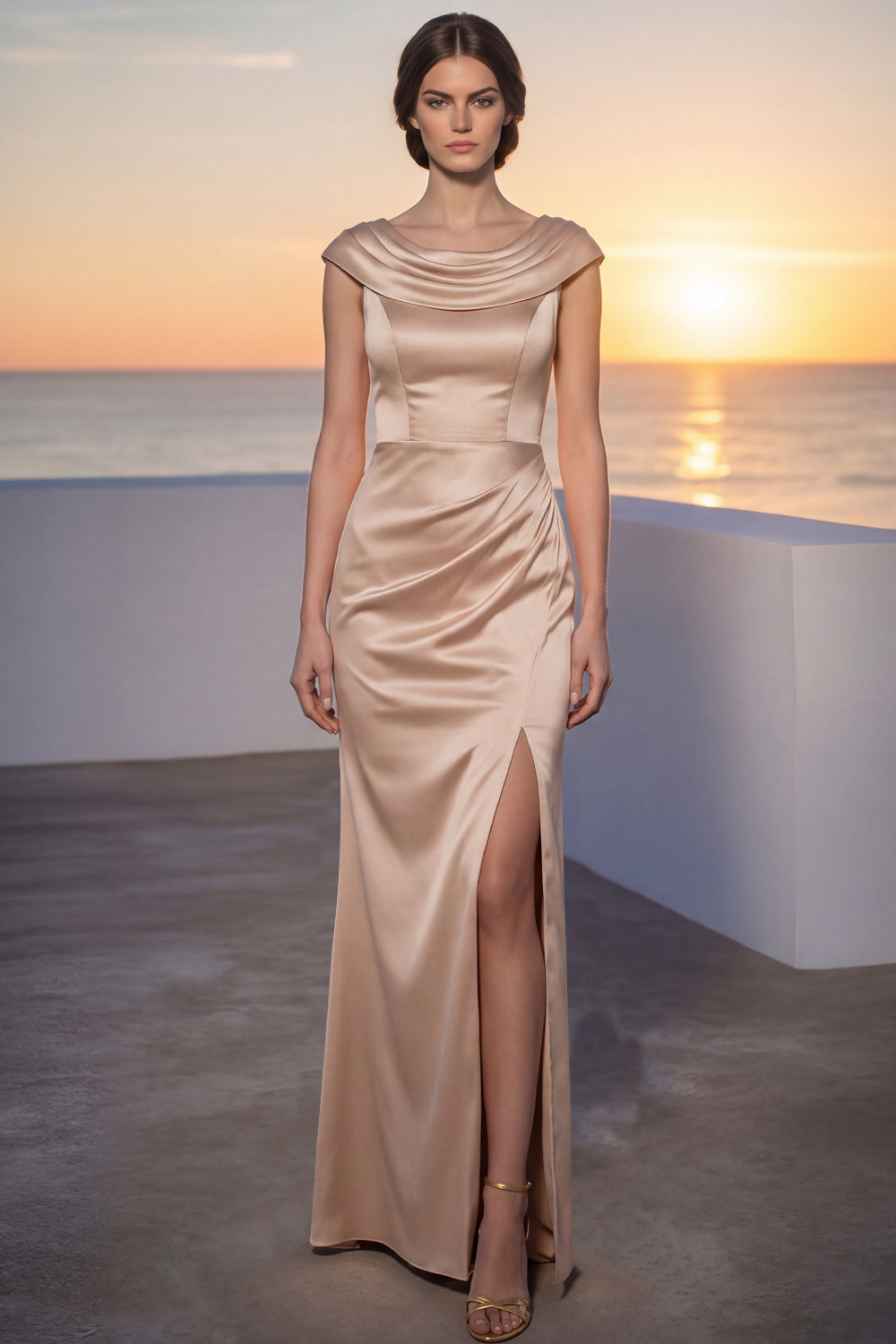 Champagne Mermaid Formal Evening Dress Satin Maxi Dress with Slit