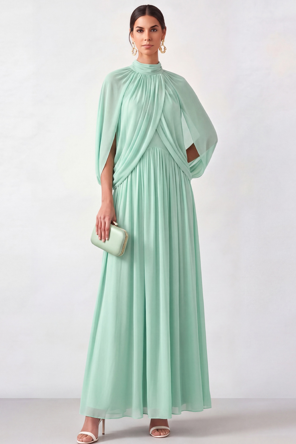 Mint Green A-Line Formal Dress High Neck Pleated Chiffon Maxi Dress 