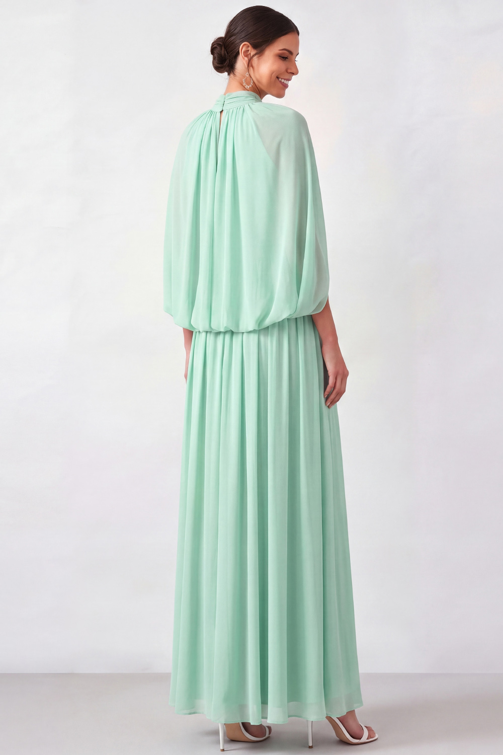 Mint Green A-Line Formal Dress High Neck Pleated Chiffon Maxi Dress 