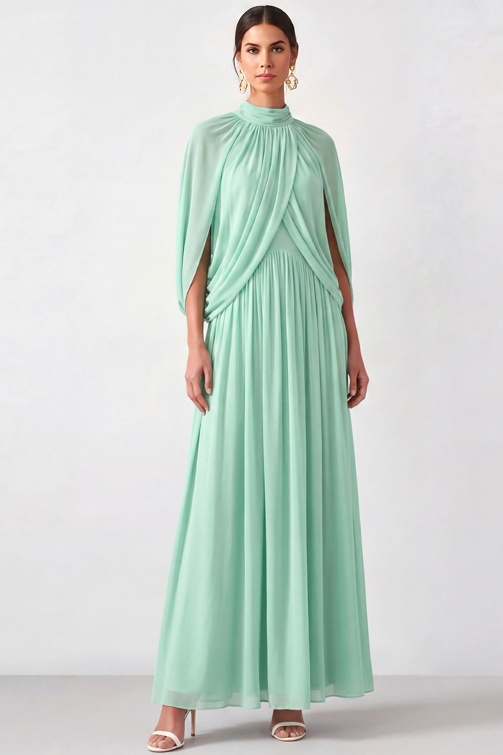 Mint Green A-Line Formal Dress High Neck Pleated Chiffon Maxi Dress 
