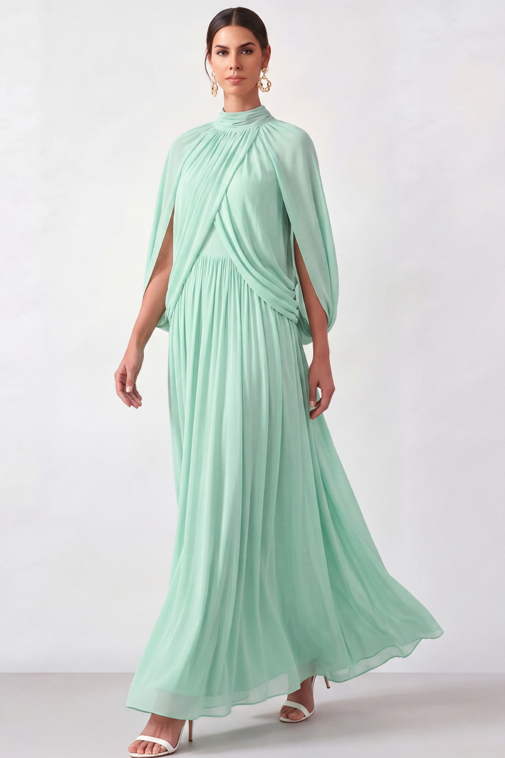 Mint Green A-Line Formal Dress High Neck Pleated Chiffon Maxi Dress 