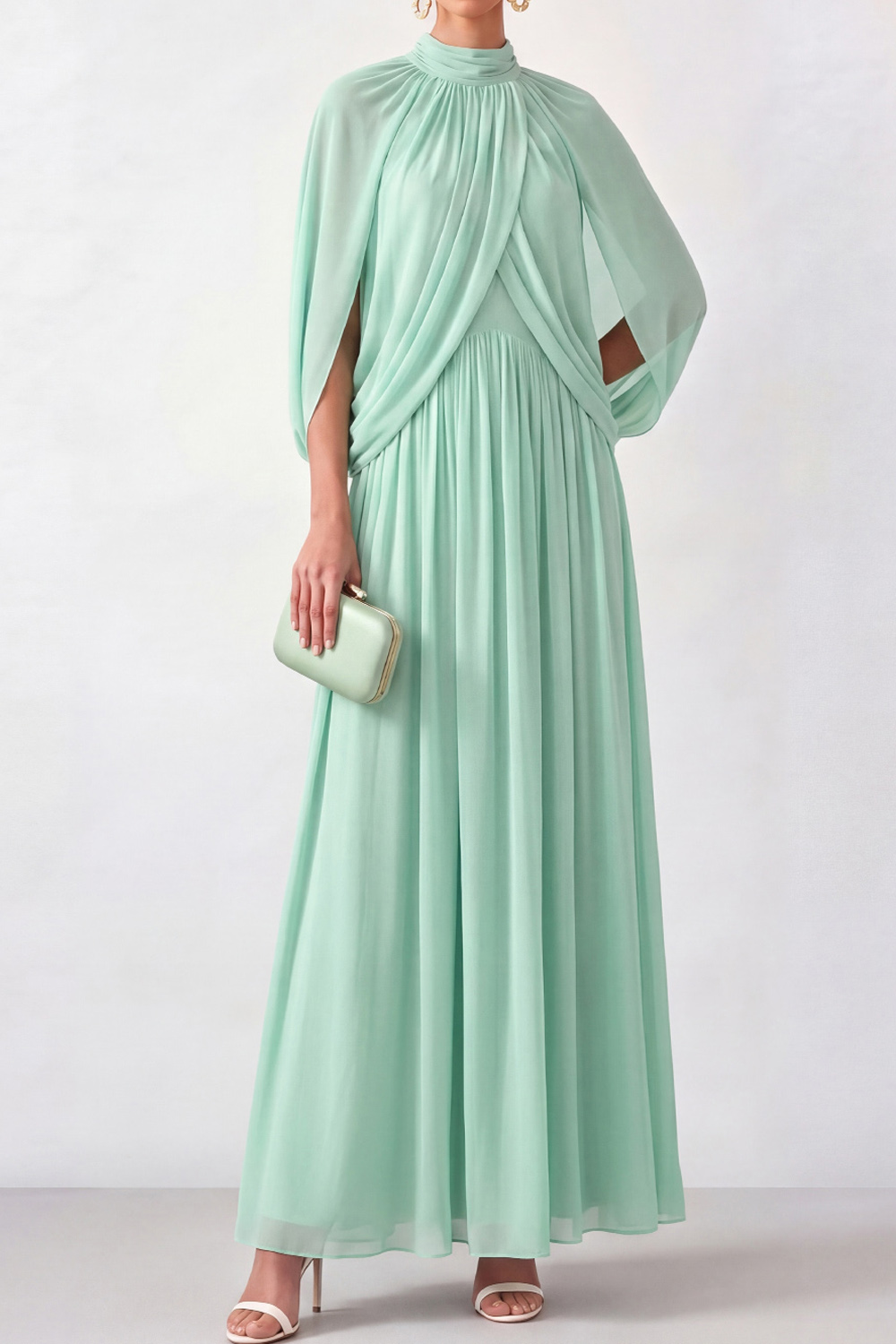 Mint Green A-Line Formal Dress High Neck Pleated Chiffon Maxi Dress 