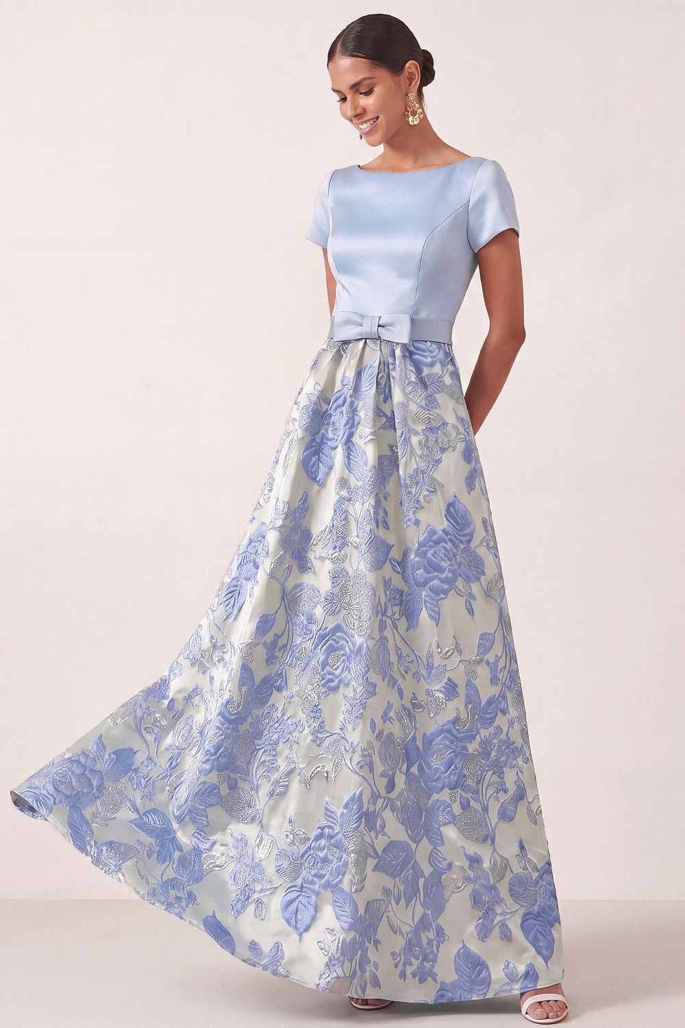 Light Blue Floral Wedding Guest Dress A-Line Short Sleeve Satin Maxi Dress 