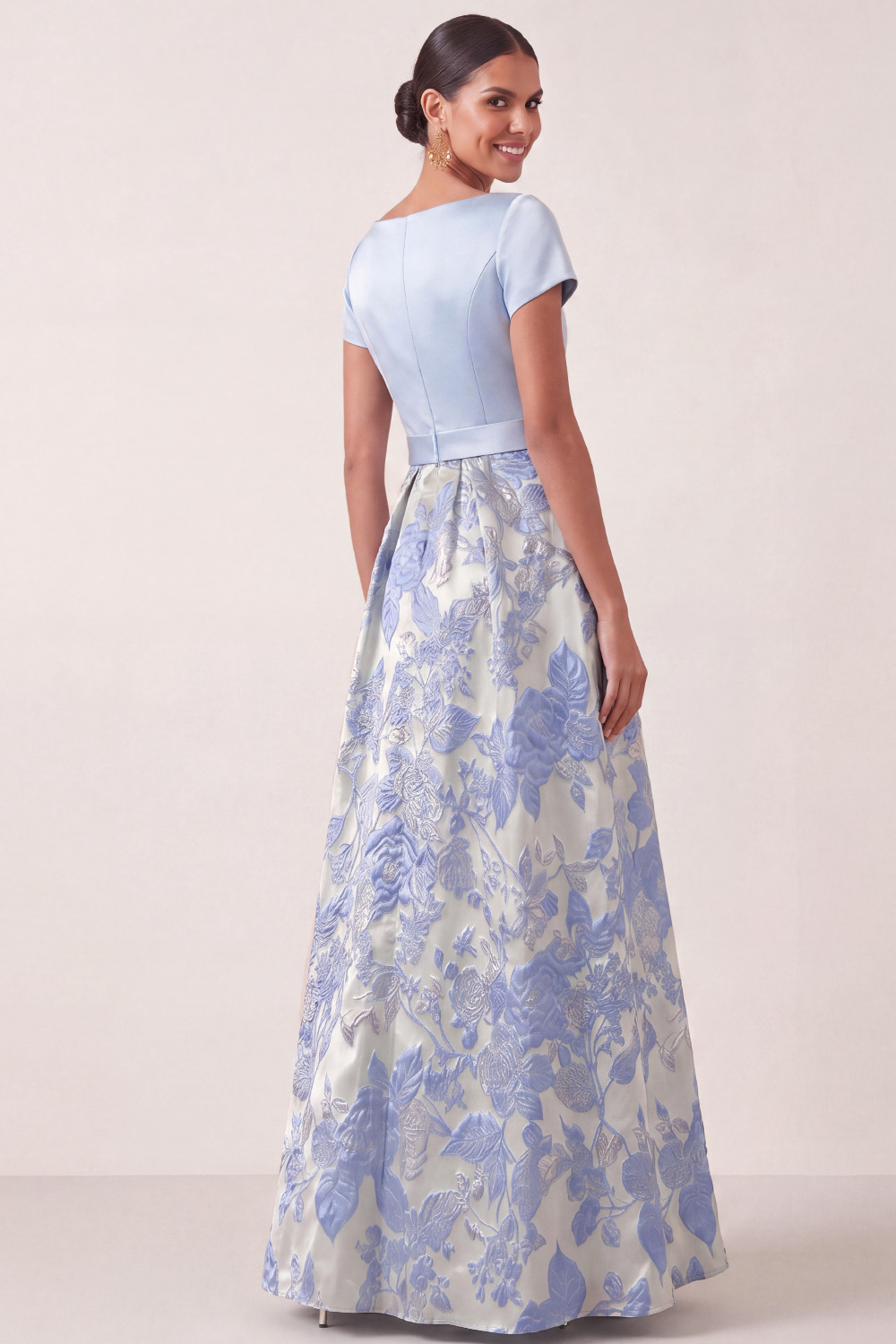 Light Blue Floral Wedding Guest Dress A-Line Short Sleeve Satin Maxi Dress 