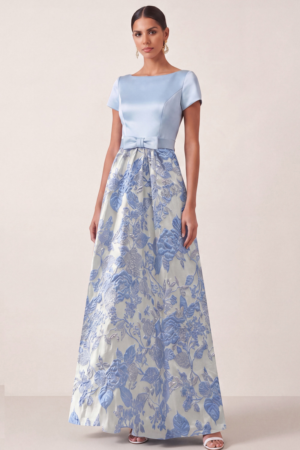 Light Blue Floral Wedding Guest Dress A-Line Short Sleeve Satin Maxi Dress 