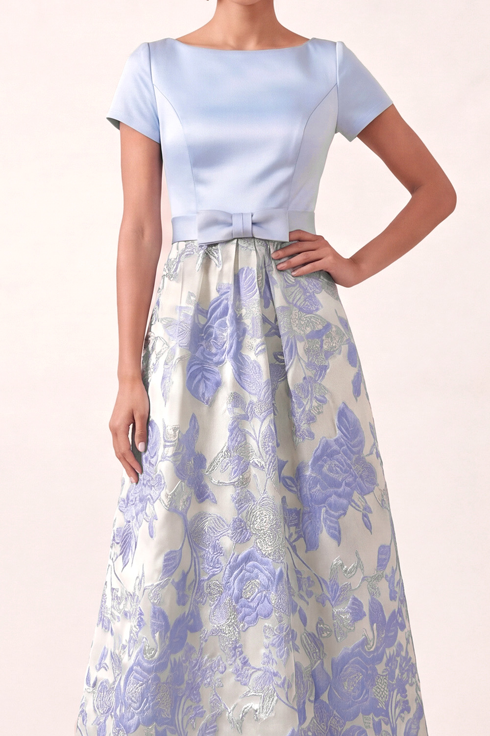 Light Blue Floral Wedding Guest Dress A-Line Short Sleeve Satin Maxi Dress 