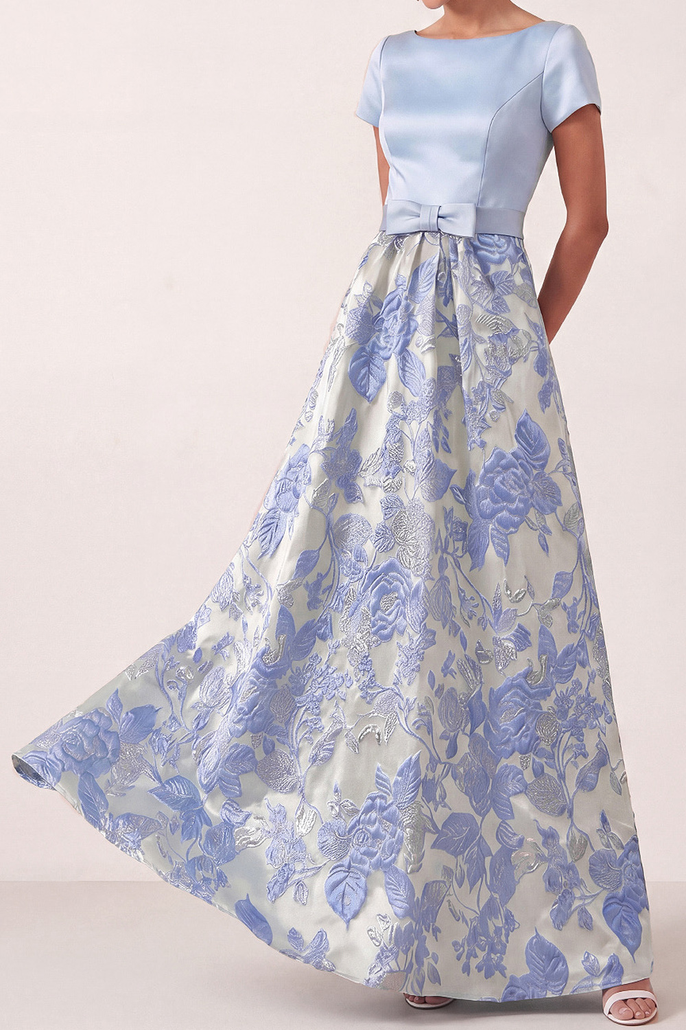 Light Blue Floral Wedding Guest Dress A-Line Short Sleeve Satin Maxi Dress 