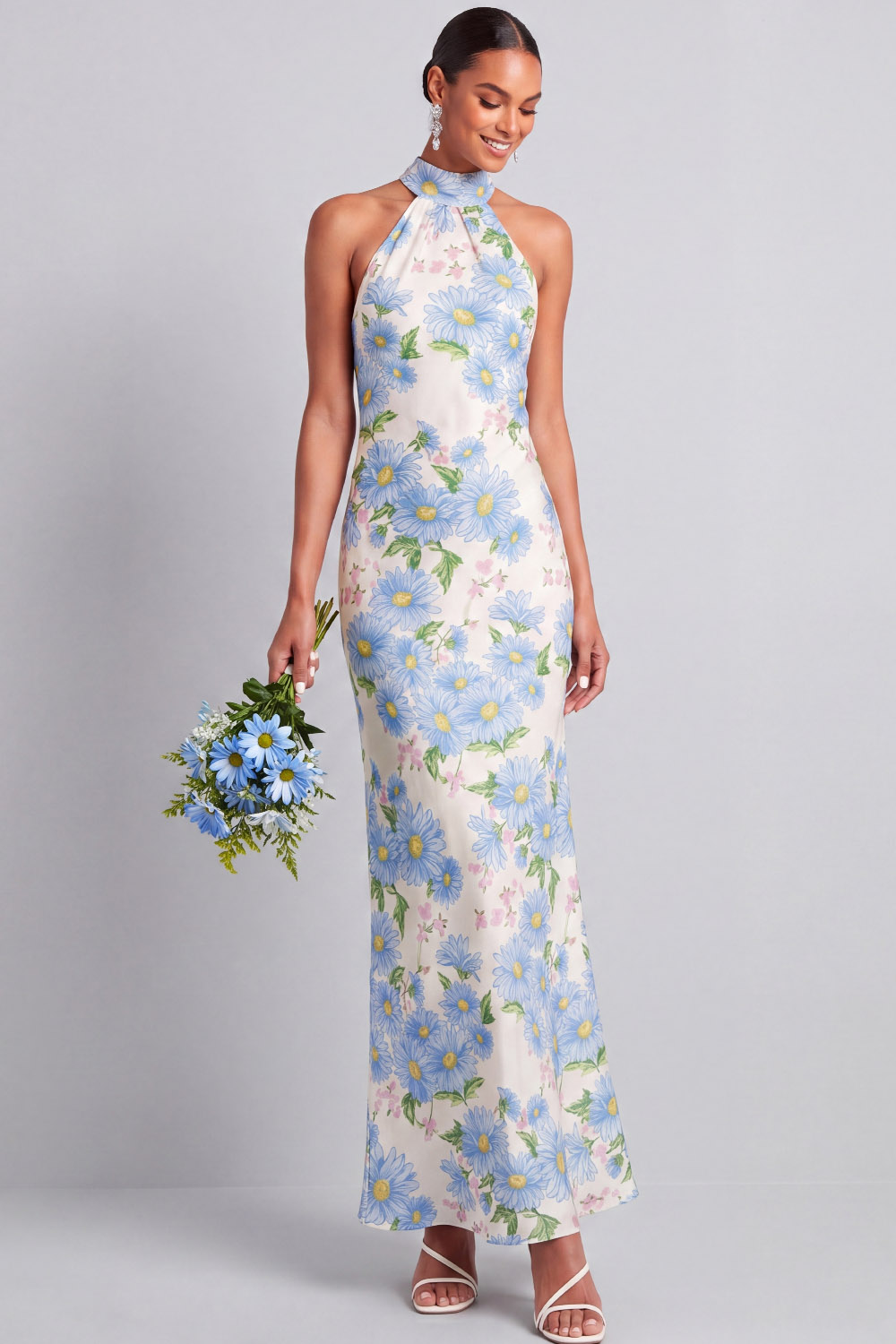 Light Blue Floral Wedding Guest Dress Mermaid Halter Maxi Dress with Ribbon