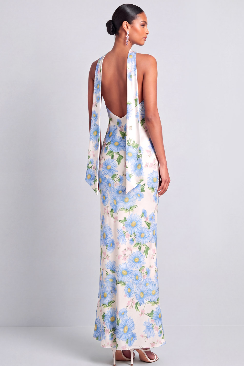 Light Blue Floral Wedding Guest Dress Mermaid Halter Maxi Dress with Ribbon