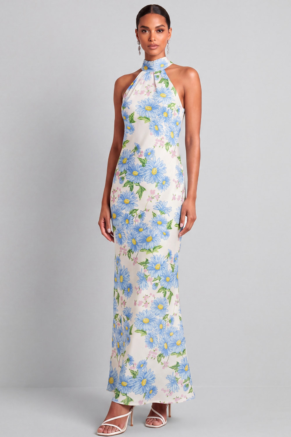 Light Blue Floral Wedding Guest Dress Mermaid Halter Maxi Dress with Ribbon