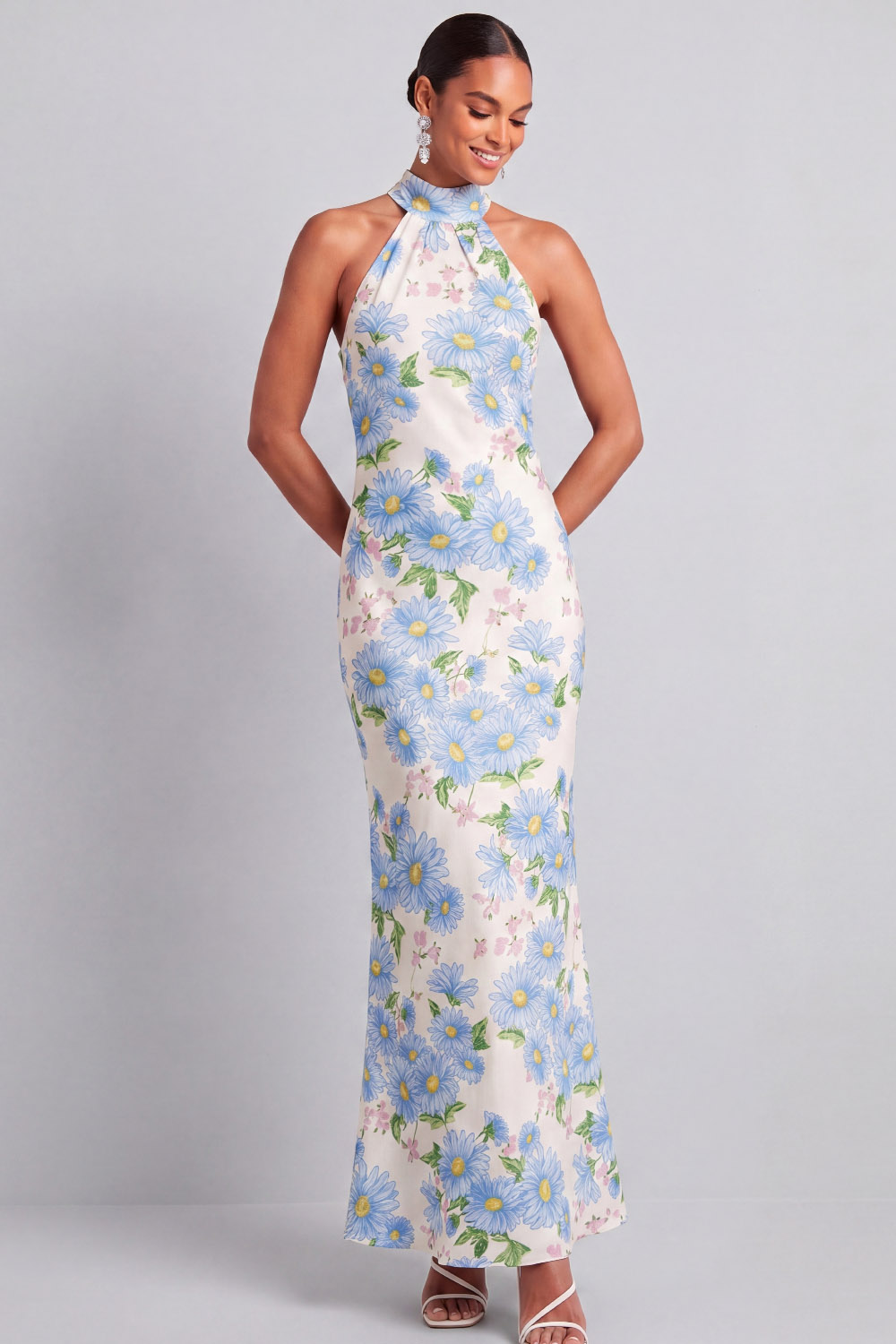 Light Blue Floral Wedding Guest Dress Mermaid Halter Maxi Dress with Ribbon