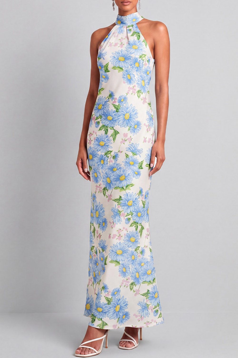 Light Blue Floral Wedding Guest Dress Mermaid Halter Maxi Dress with Ribbon