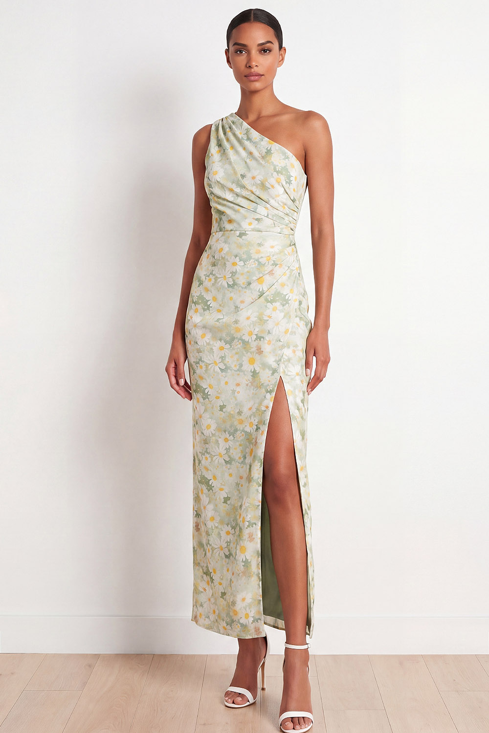 Light Green Floral Wedding Guest Dress One Shoulder Maxi Dress with Slit