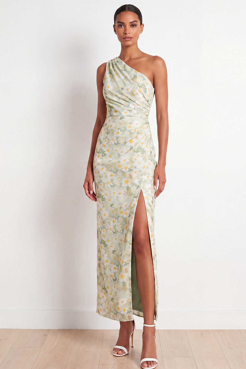 Light Green Floral Wedding Guest Dress One Shoulder Maxi Dress with Slit