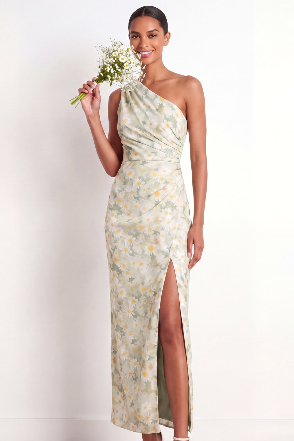 Light Green Floral Wedding Guest Dress One Shoulder Maxi Dress with Slit