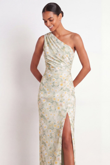 Light Green Floral Wedding Guest Dress One Shoulder Maxi Dress with Slit