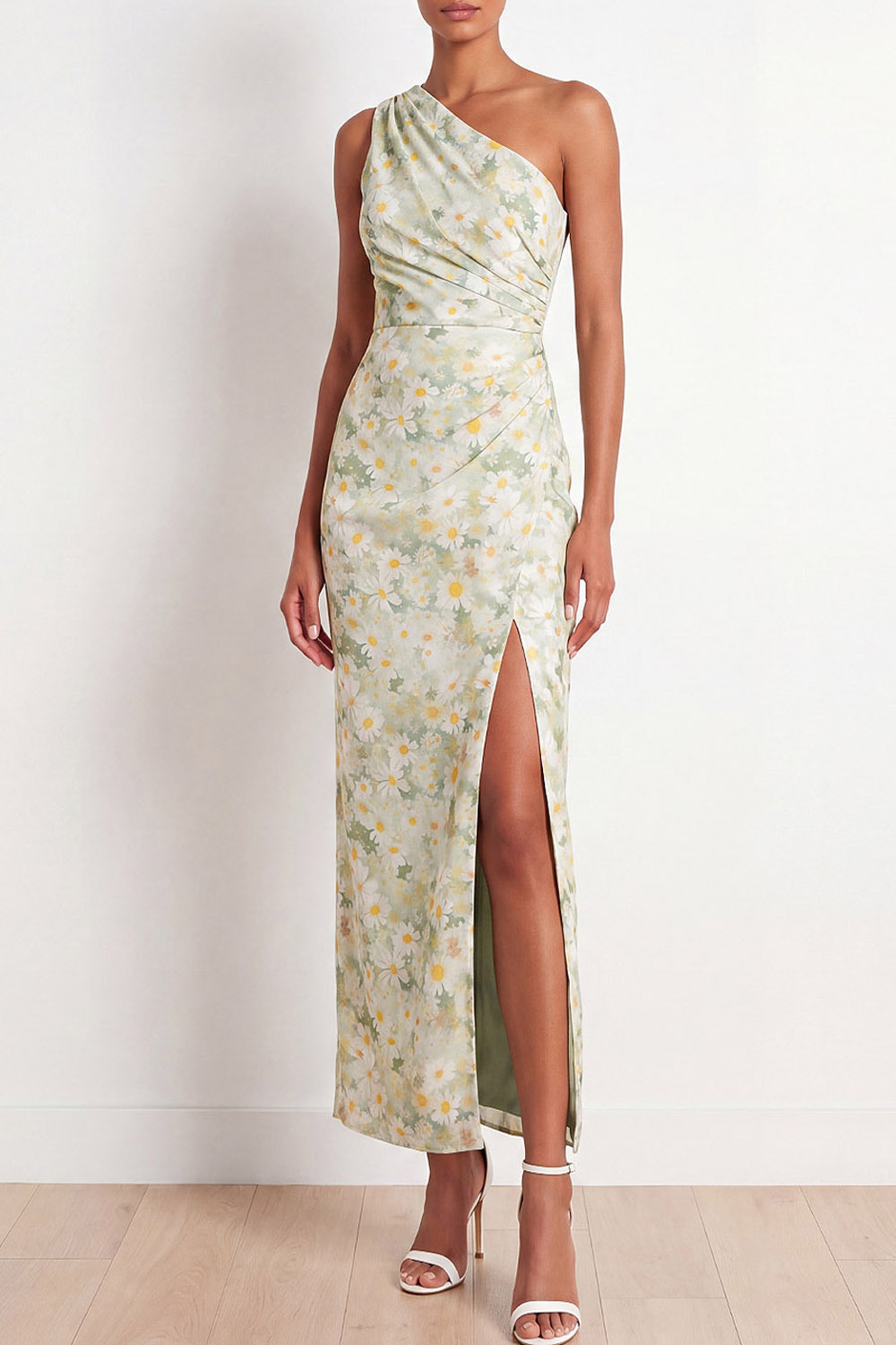 Light Green Floral Wedding Guest Dress One Shoulder Maxi Dress with Slit