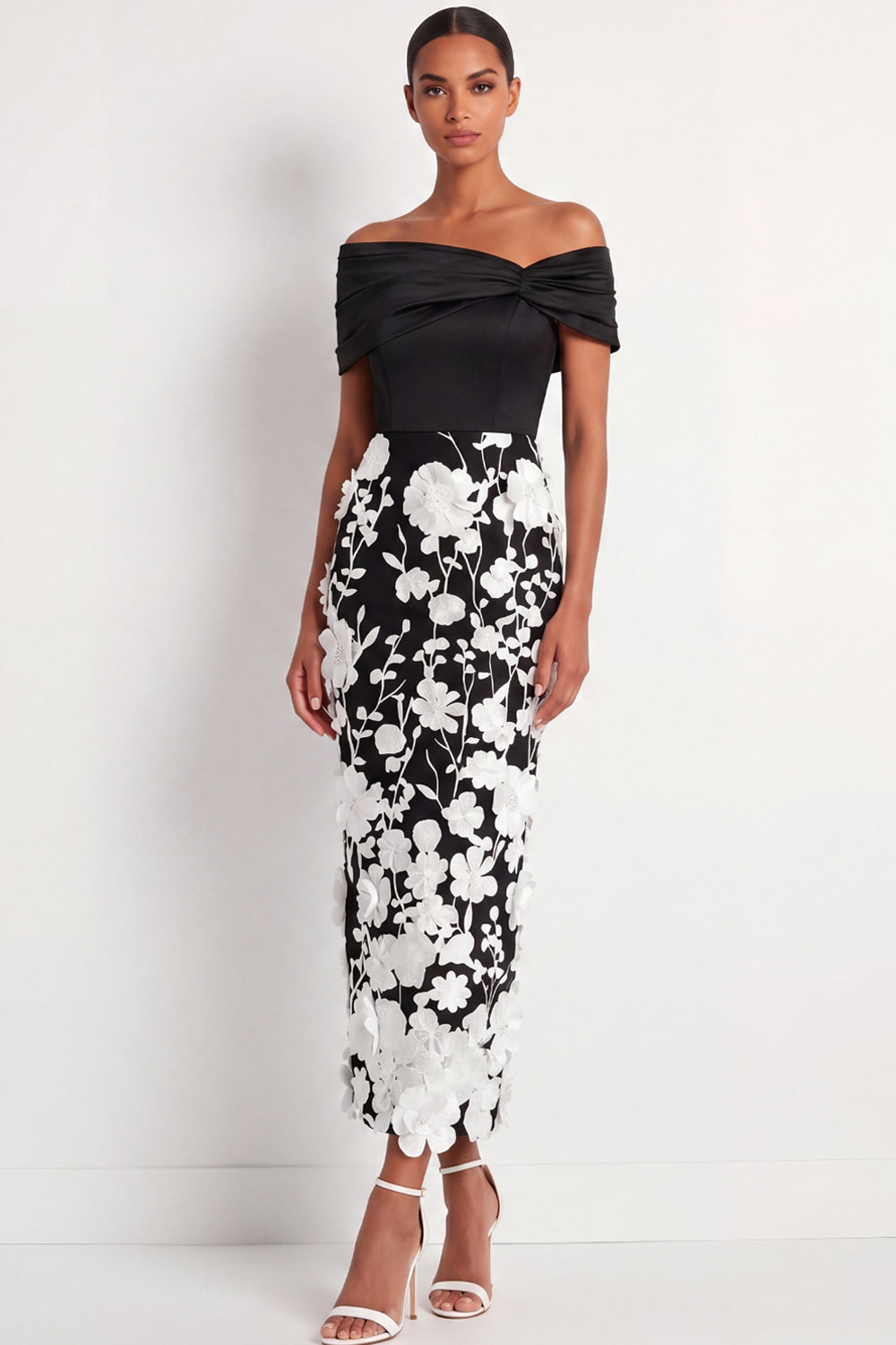 Black Floral Formal Dress Sheath Off the Shoulder Appliqued Maxi Dress 