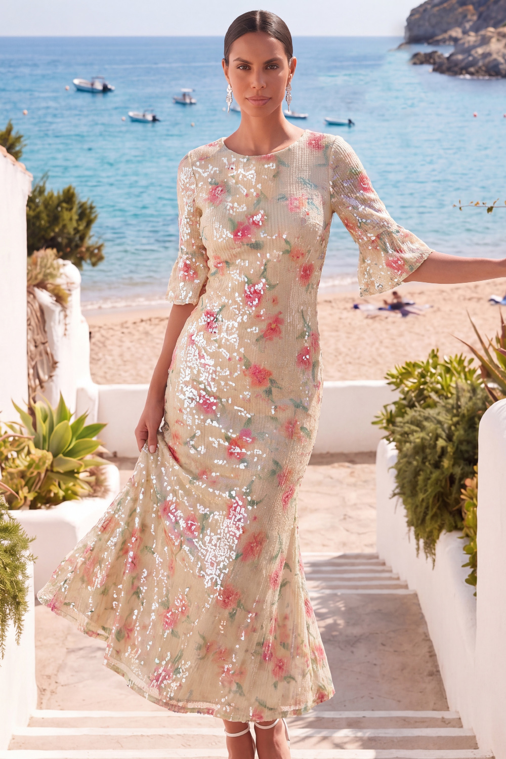 Ivory Floral Formal Dress Mermaid Round Neck Sequin Maxi Dress 