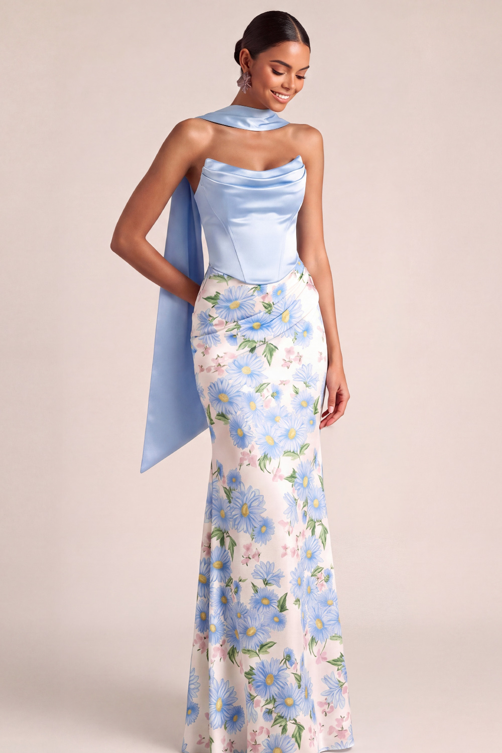 Light Blue Floral Formal Dress Strapless Mermaid Satin Maxi Dress with Scarf
