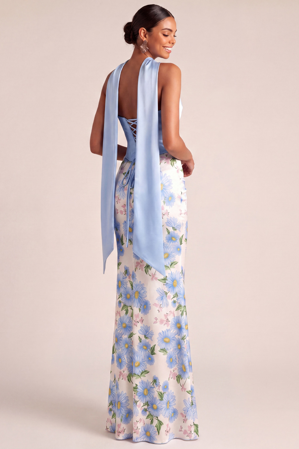 Light Blue Floral Formal Dress Strapless Mermaid Satin Maxi Dress with Scarf