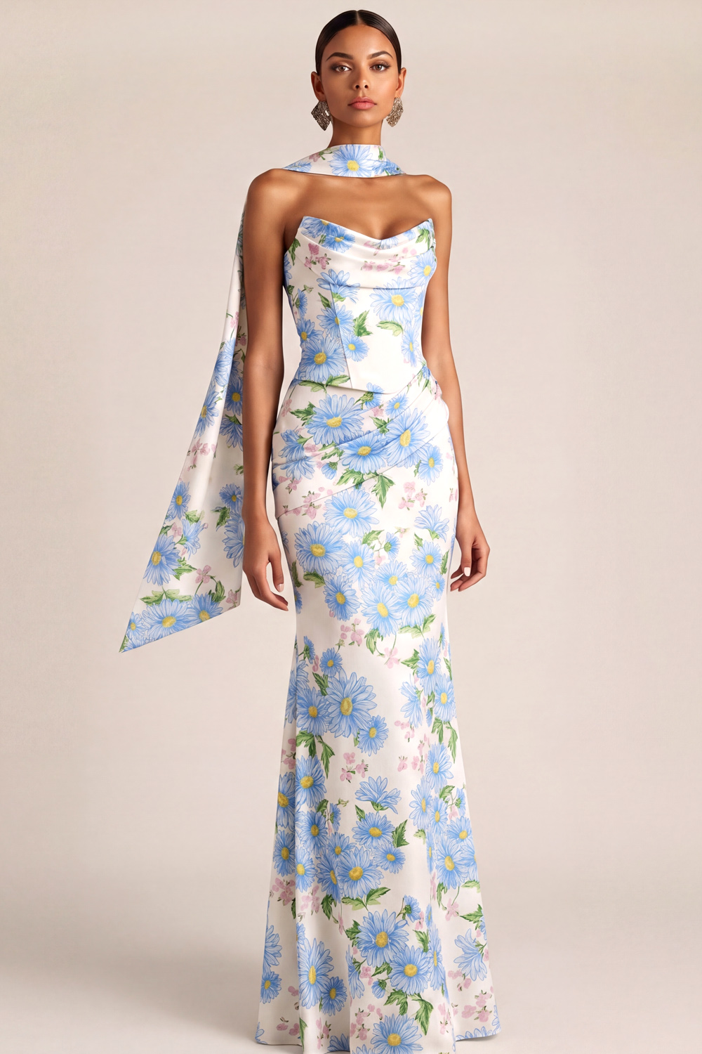 Light Blue Floral Formal Dress Strapless Lace-Up Maxi Dress with Scarf