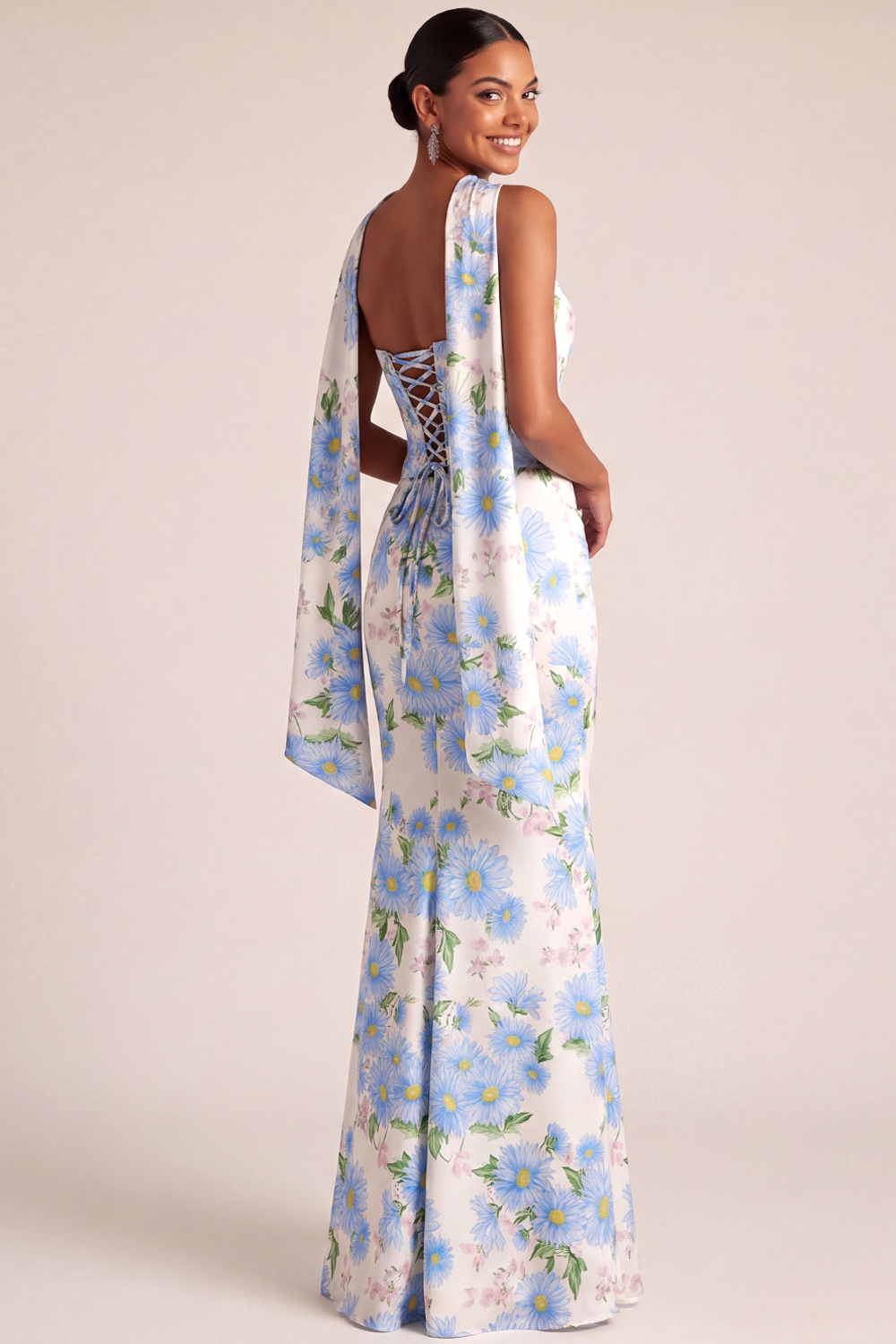 Light Blue Floral Formal Dress Strapless Lace-Up Maxi Dress with Scarf