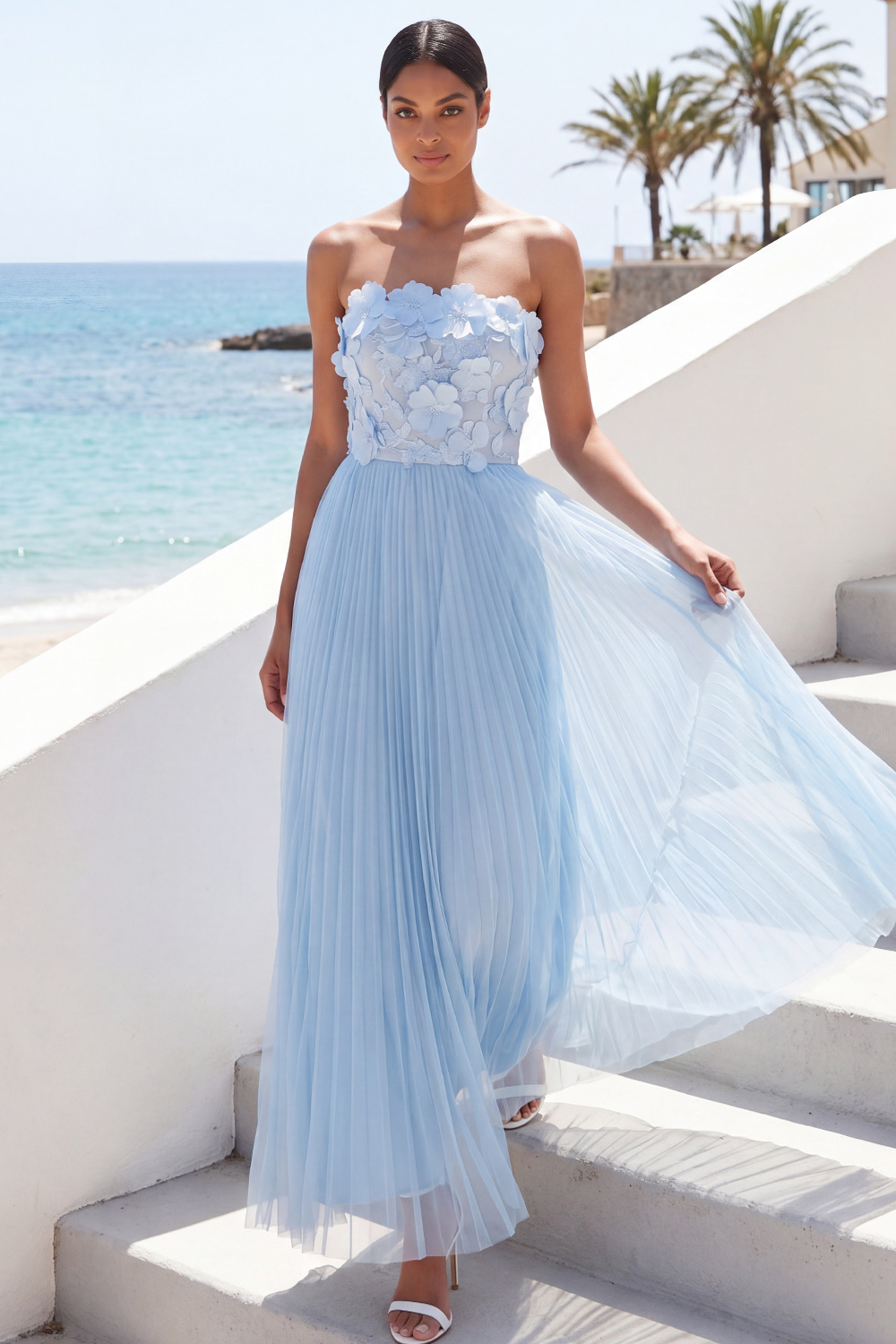 Light Blue Strapless Appliqued Pleated Maxi Wedding Guest Dress