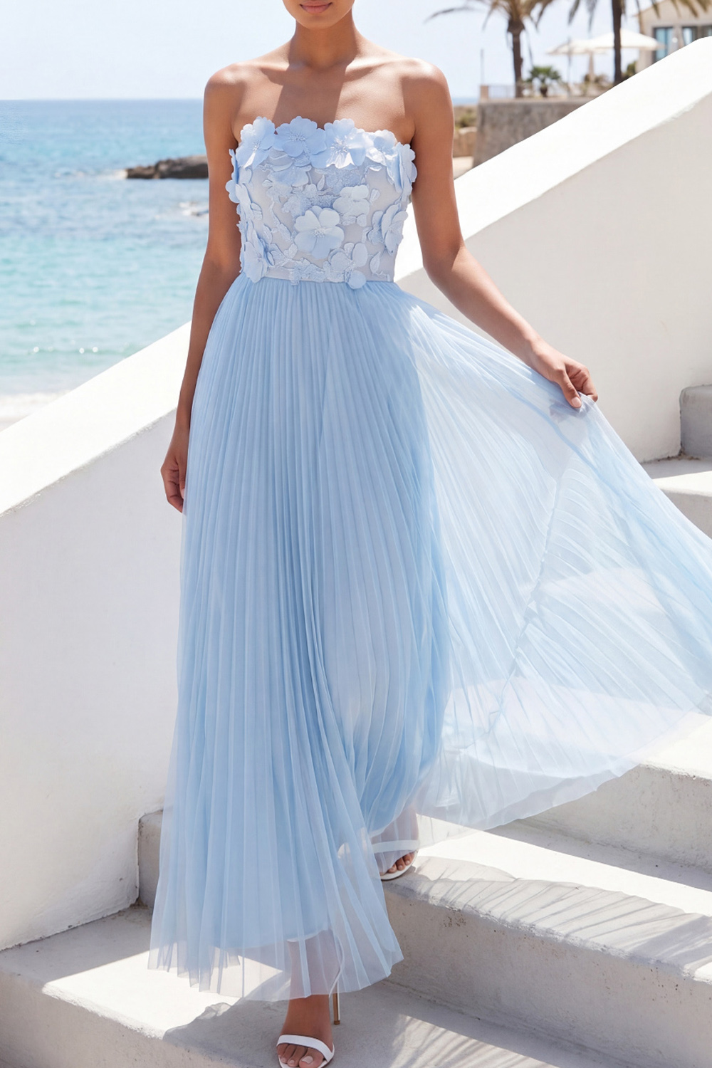 Light Blue Strapless Appliqued Pleated Maxi Wedding Guest Dress