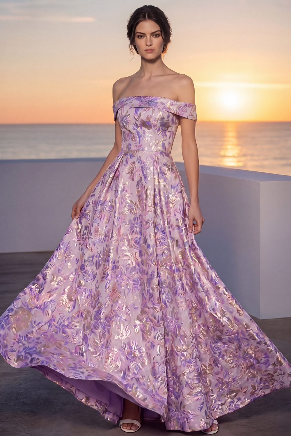 Lilac Floral Formal Dress Off the Shoulder A-Line Maxi Dress with Bow