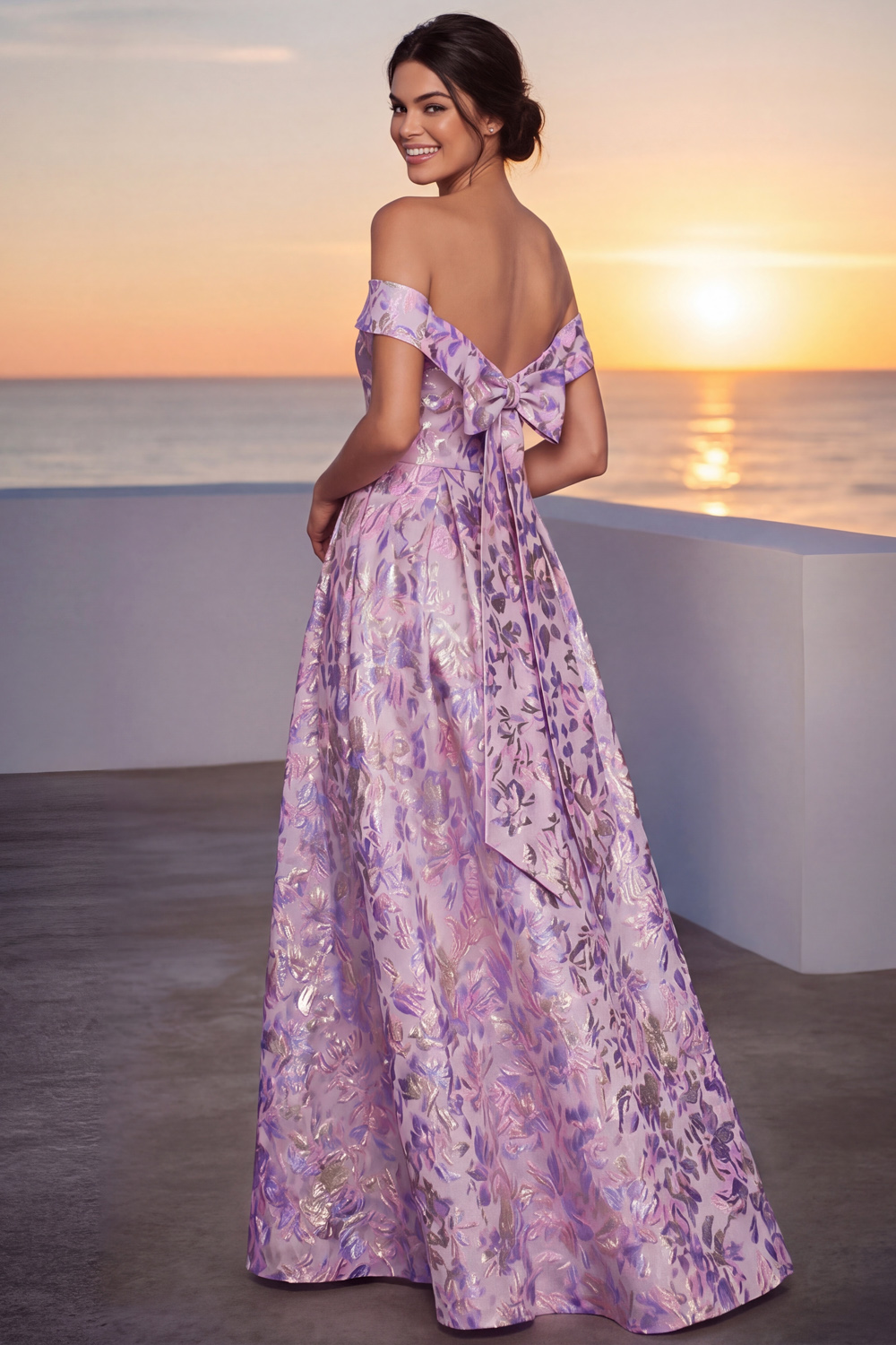 Lilac Floral Formal Dress Off the Shoulder A-Line Maxi Dress with Bow