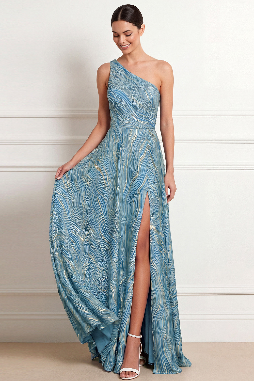 Blue A-Line Formal Dress One Shoulder Maxi Dress with Slit