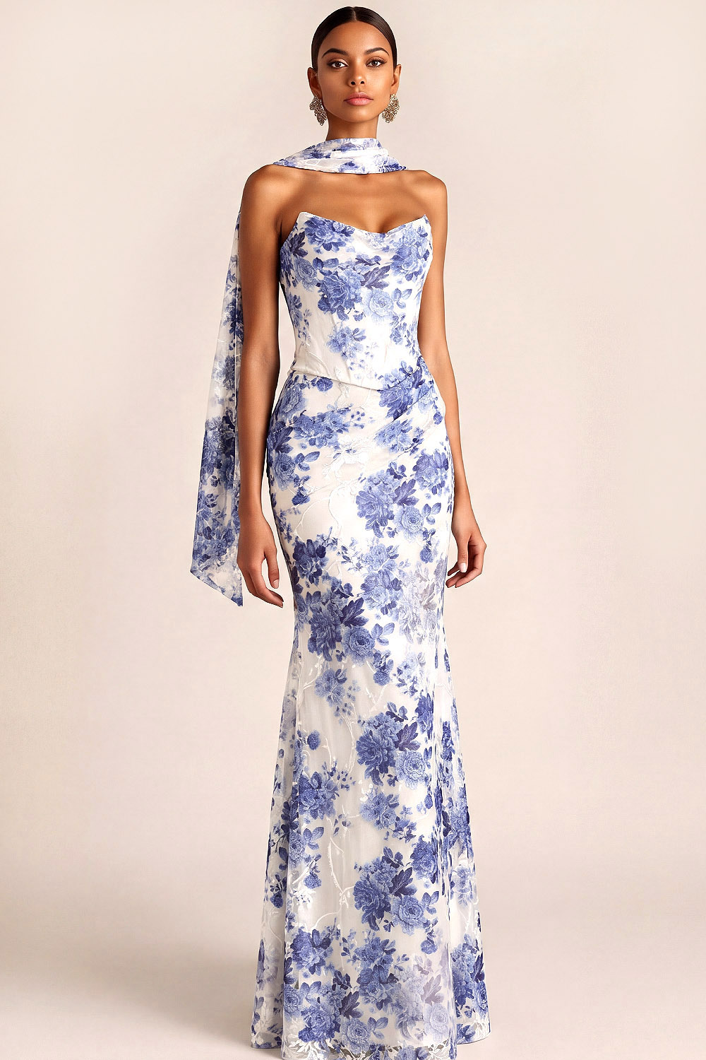 Blue Floral Wedding Guest Dress Lace-Up Strapless Maxi Dress with Ribbon
