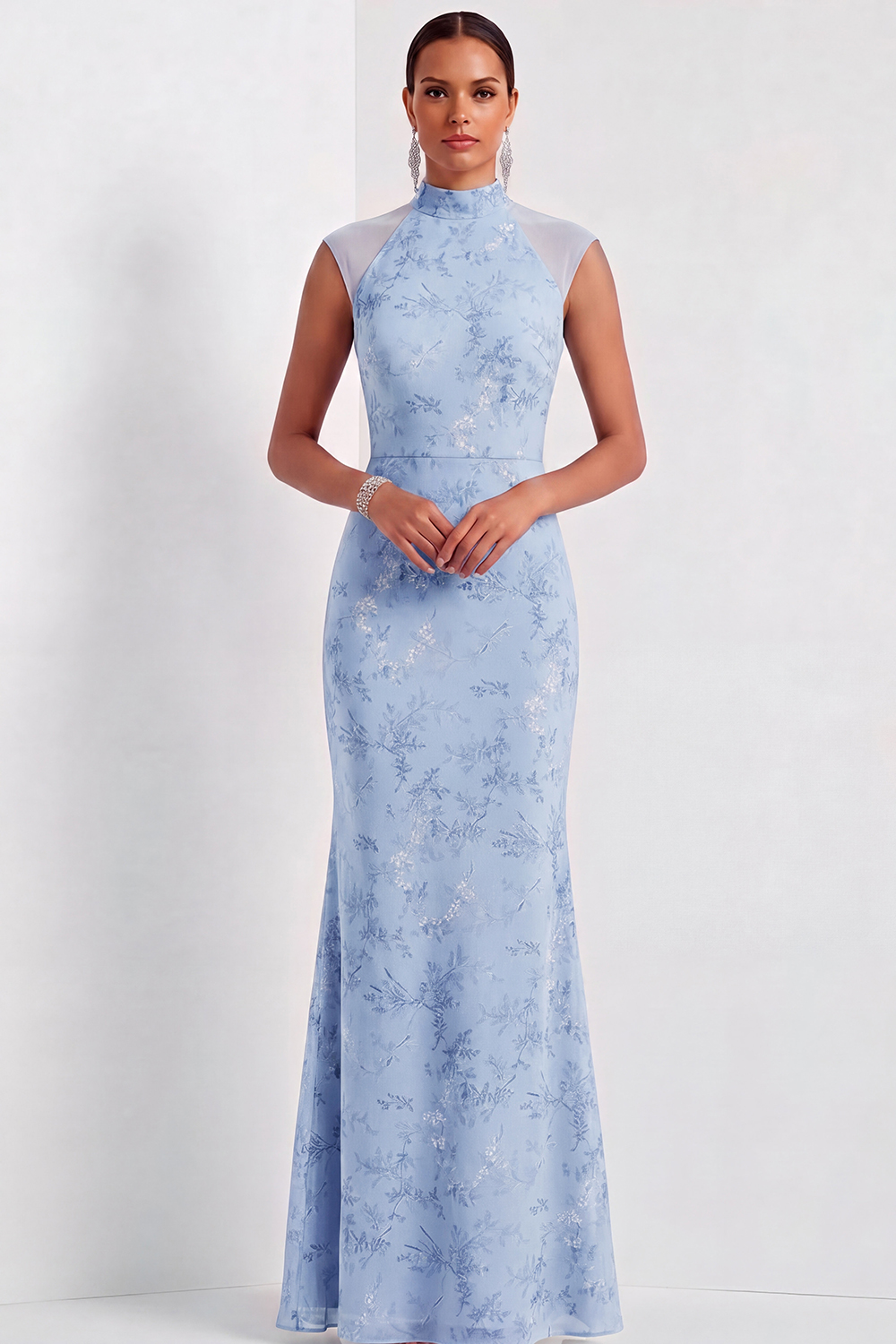 Dusty Sage Floral Formal Dress High Neck Mermaid Maxi Dress -chiclody